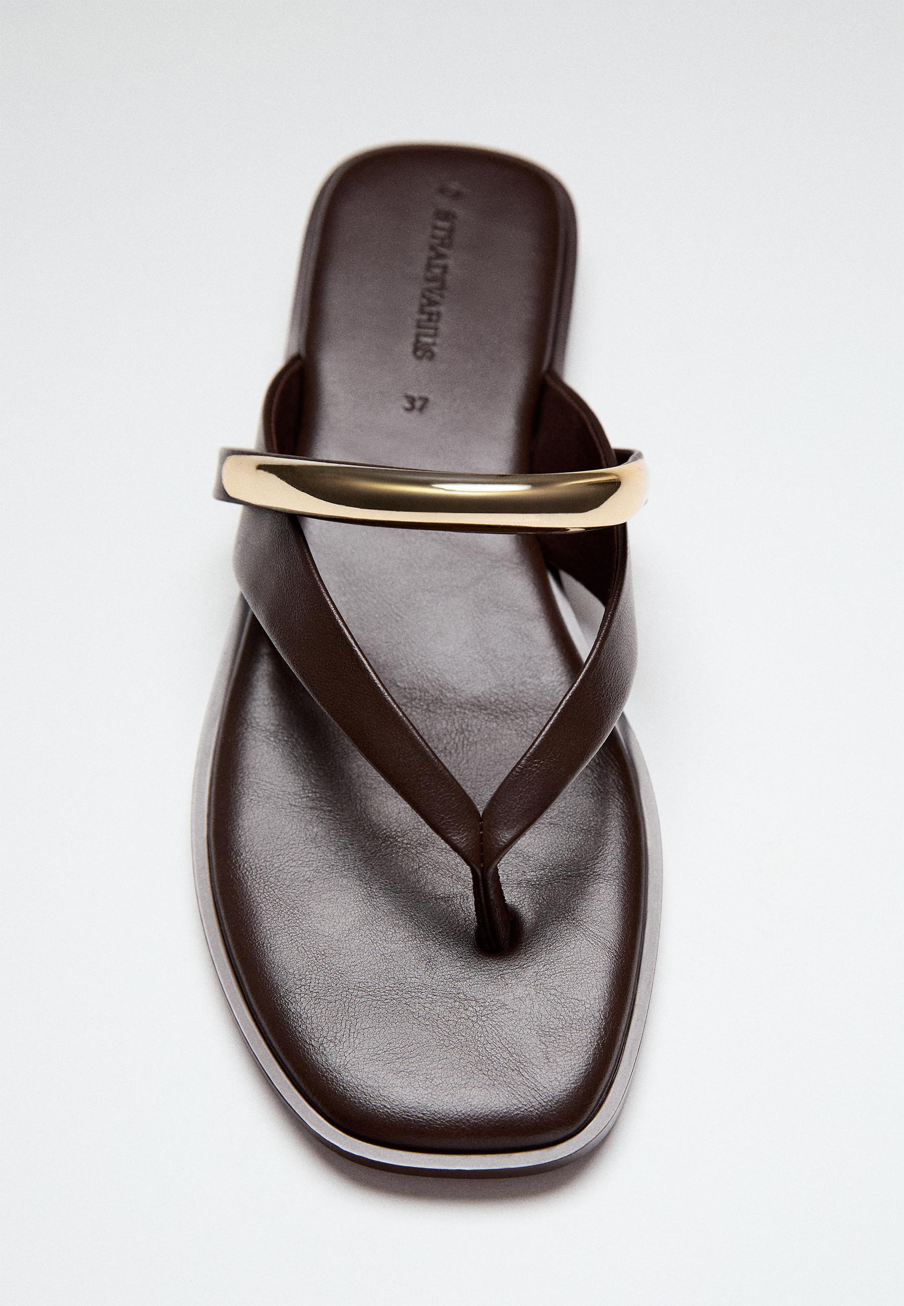 Flat thong sandals with metal detail — BROWN