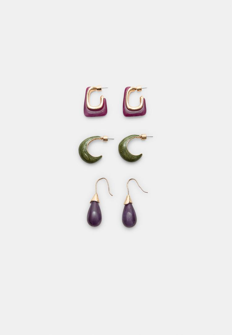 Stradivarius Súprava 3 Kontrastných Kruhových A Kvapkových Náušníc Lilac Os