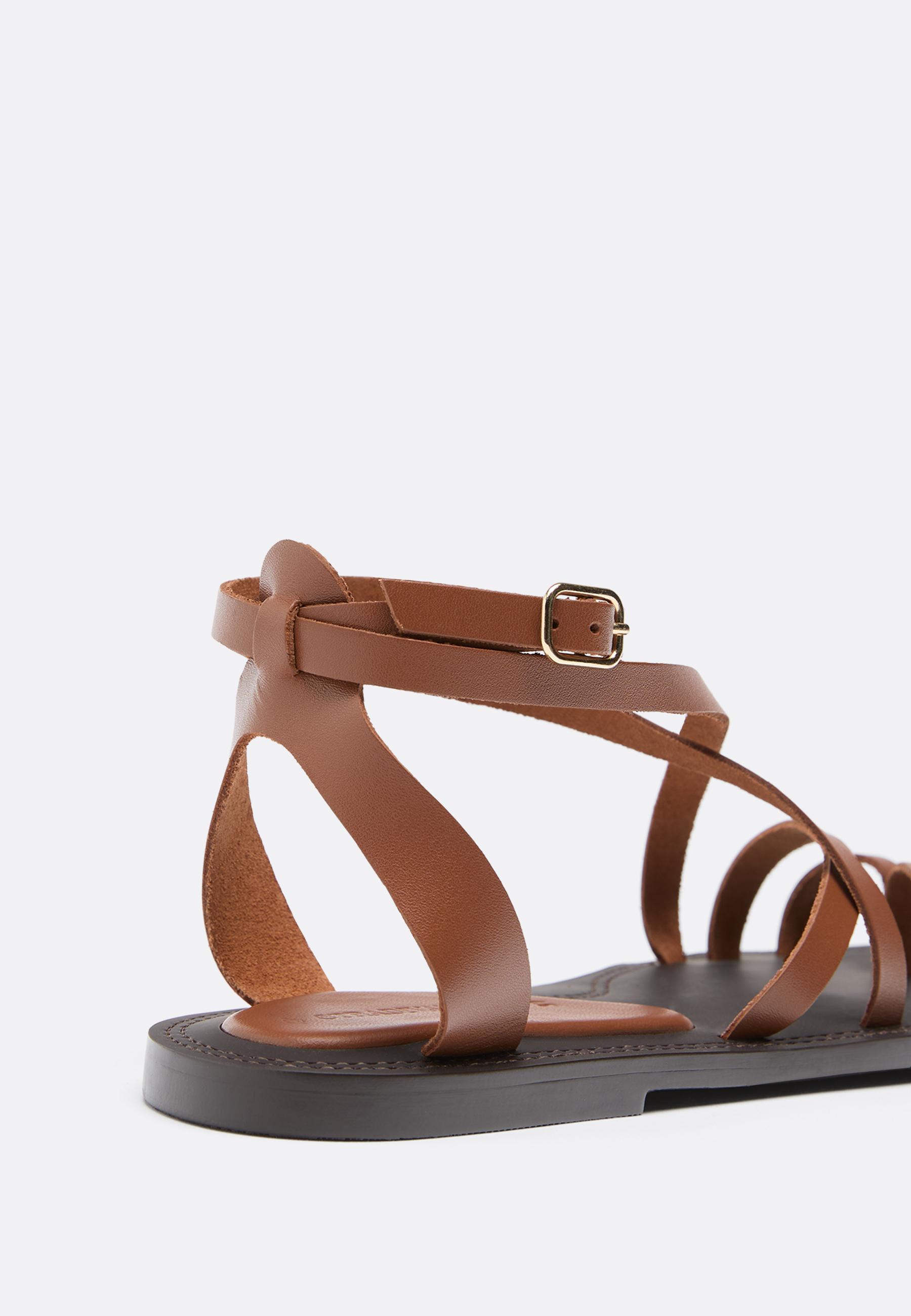 Flat leather tie-up sandals — BROWN