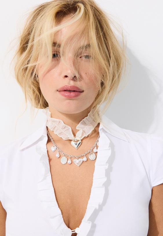 Stradivarius Set Of Charm-Detail Layered Necklaces Grey Os