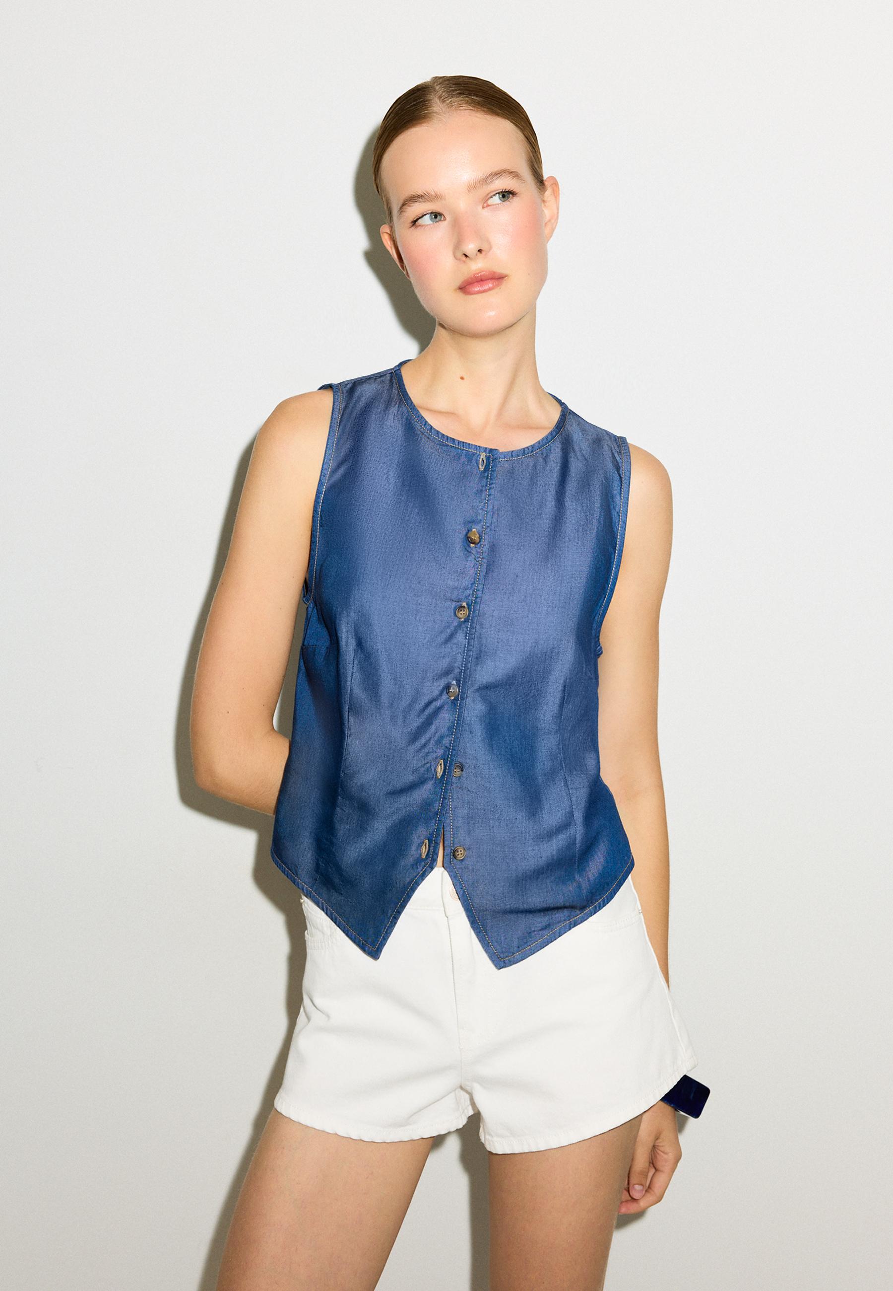 Sleeveless denim button-up top — MEDIUM BLUE DENIM