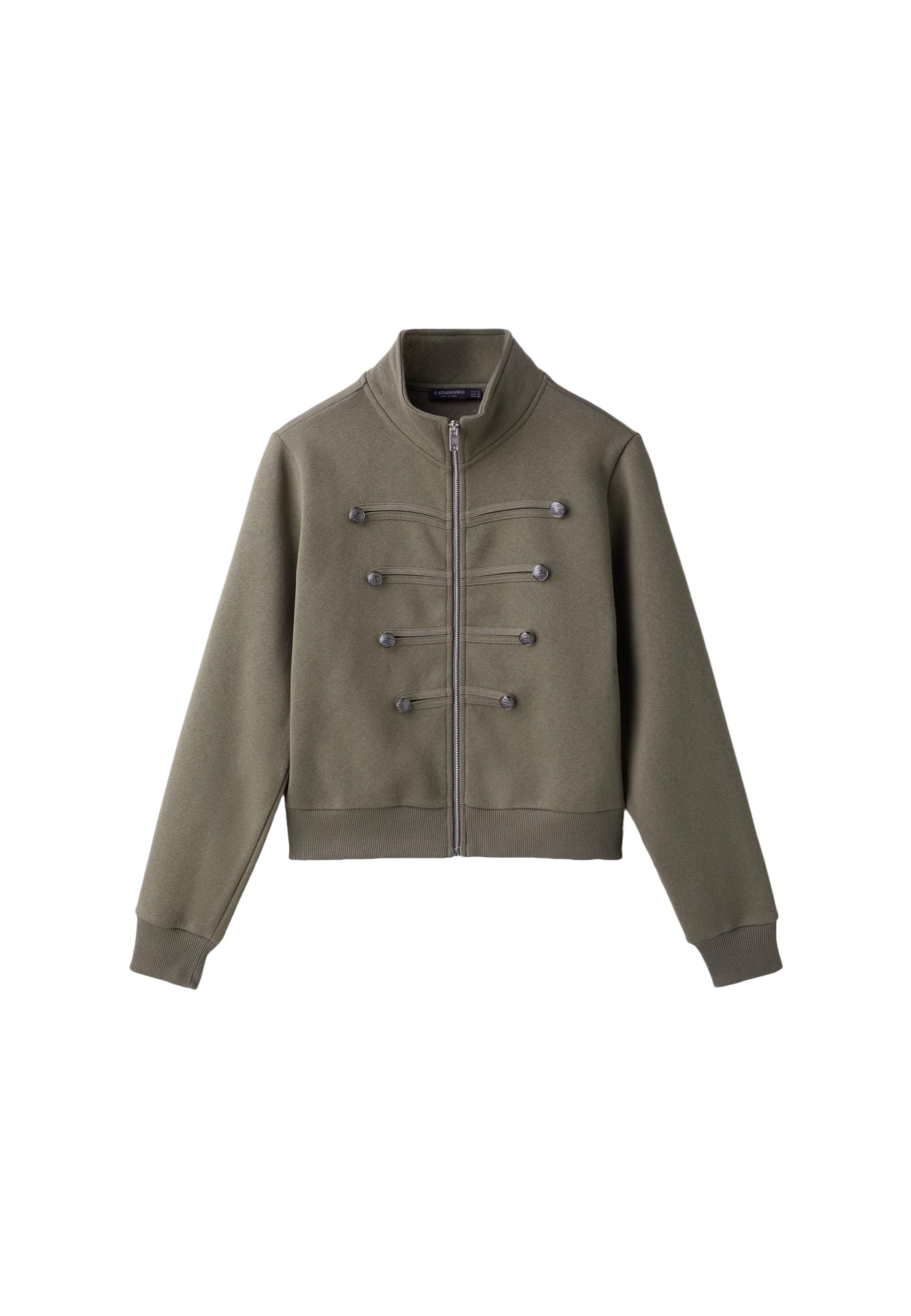 Metal Button Zip-Up Sweatshirt — Khaki
