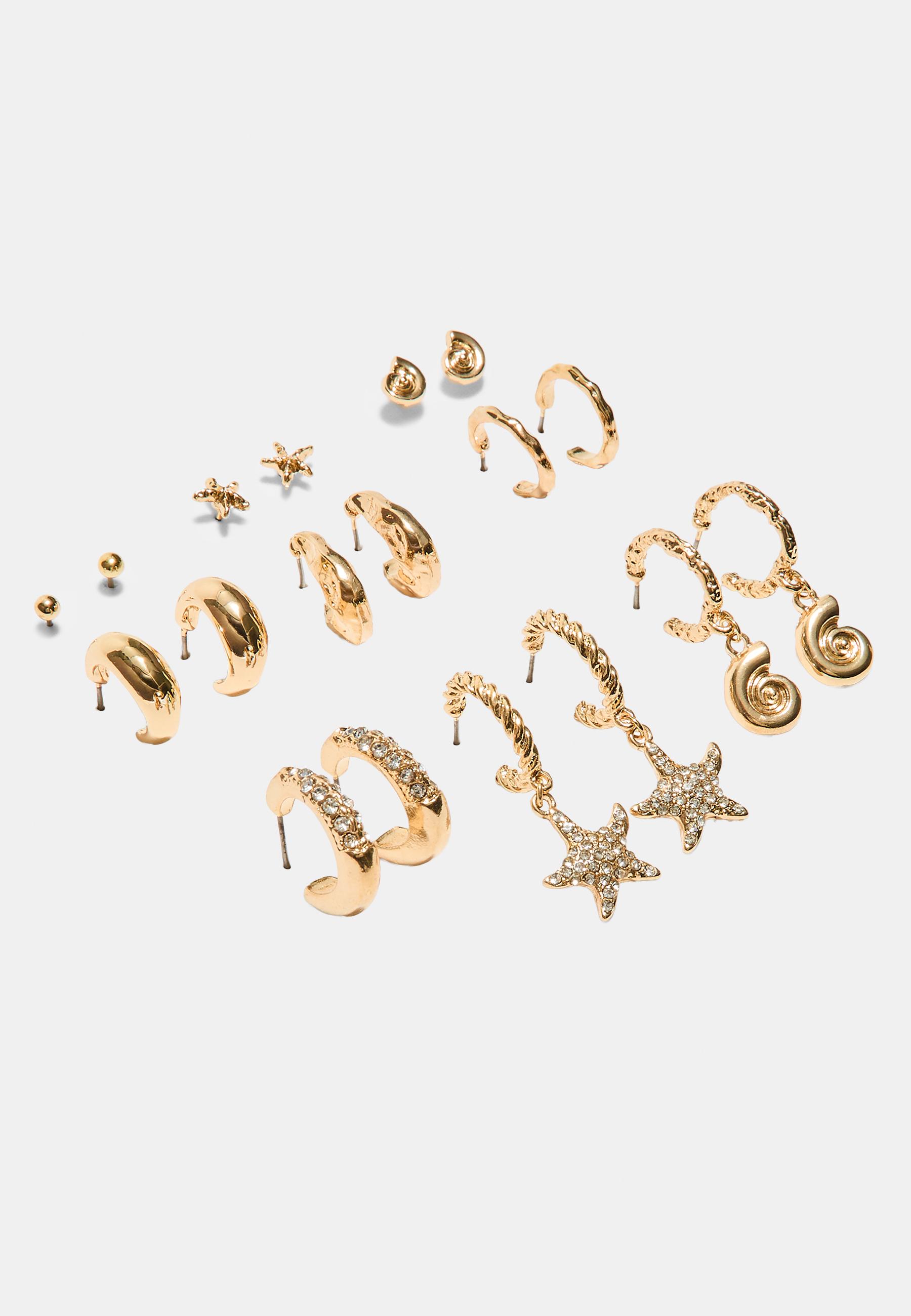 Set of 9 rhinestone starfish earrings — Gold