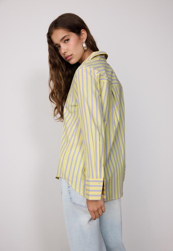 Stradivarius Basic Striped Poplin Shirt With Pocket Pastel Yellow L