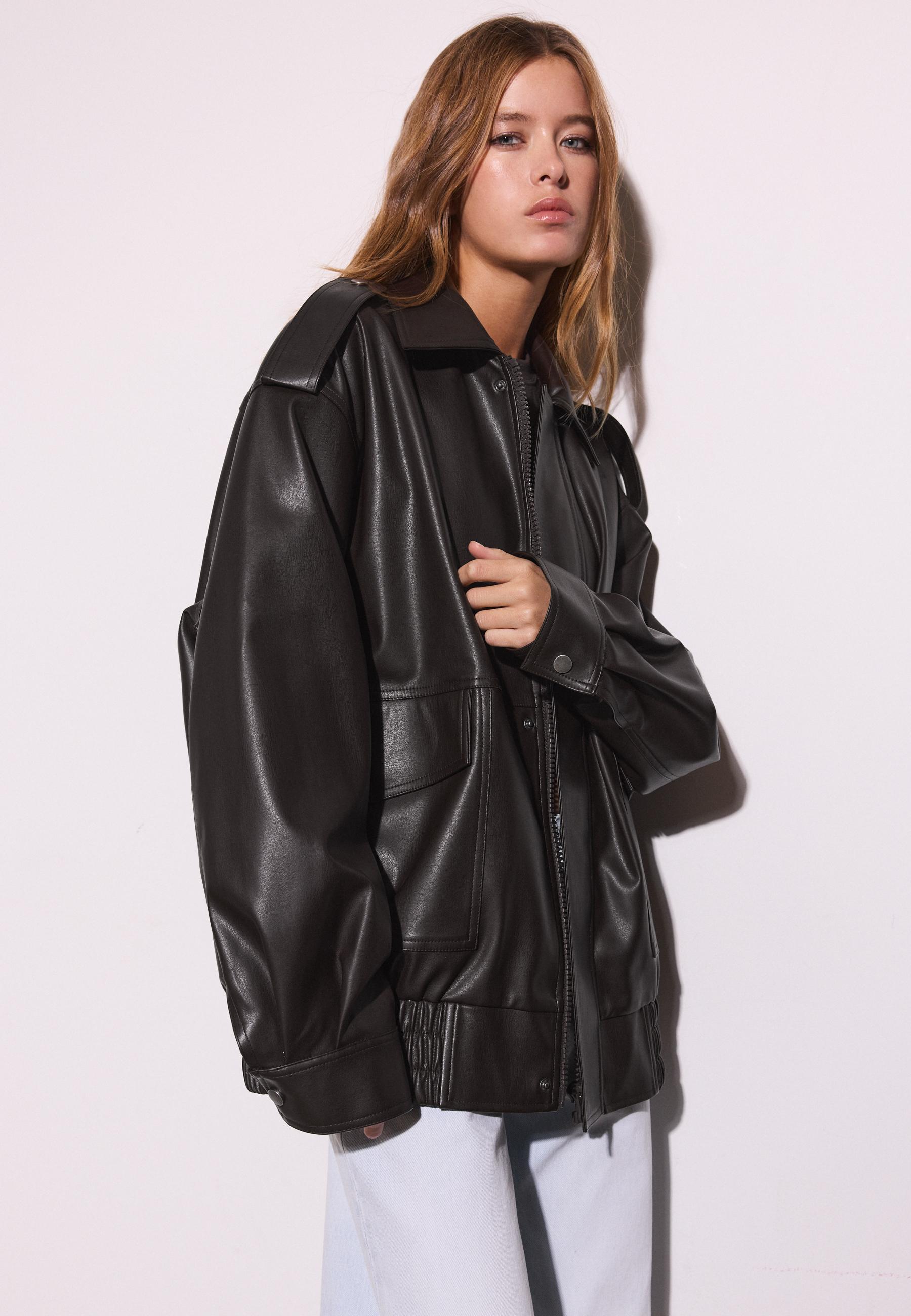 Oversize leather effect biker jacket — Brown