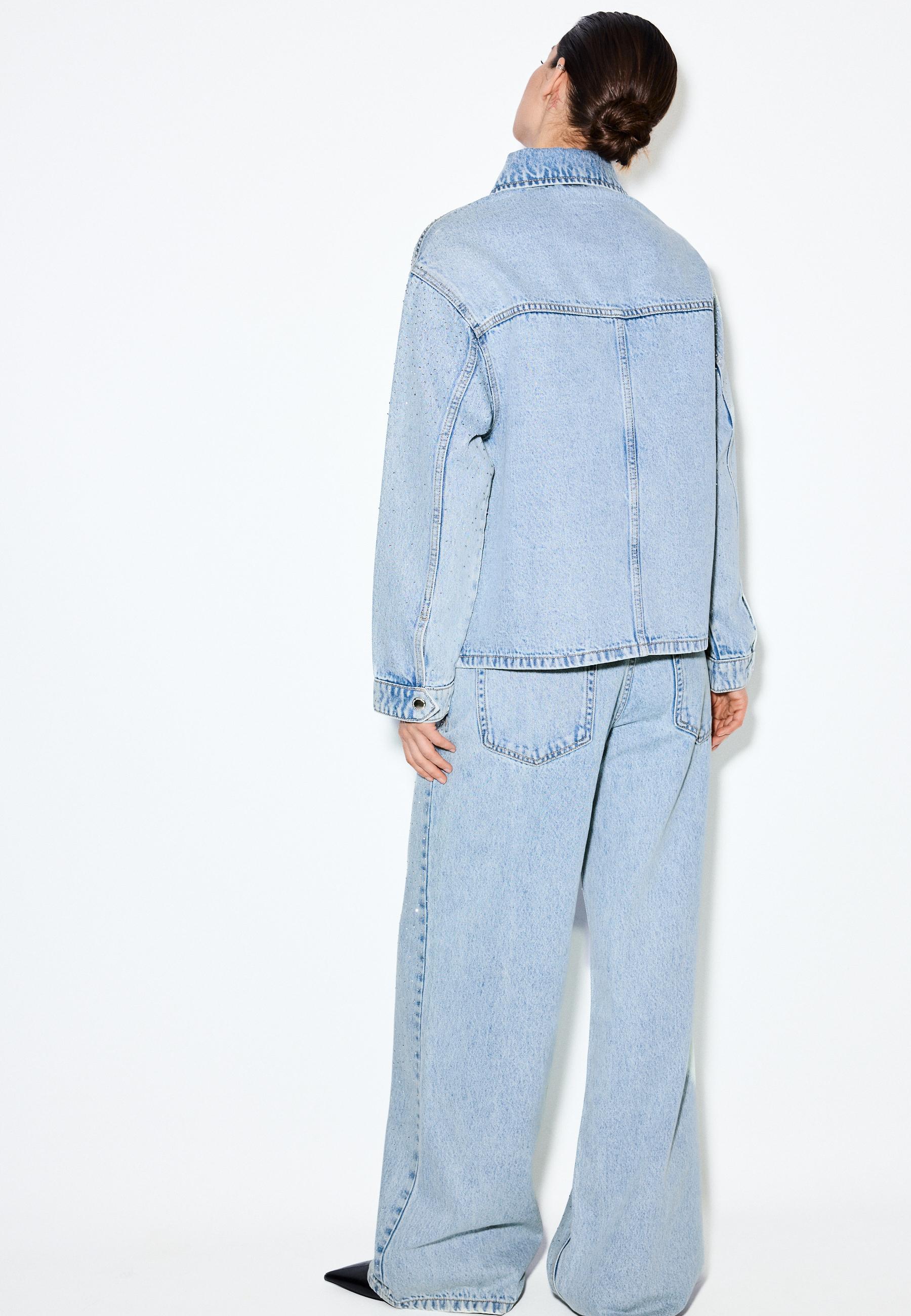 Denim jacket with patch pockets and rhinestones — MEDIUM LIGHT BLUE DENIM