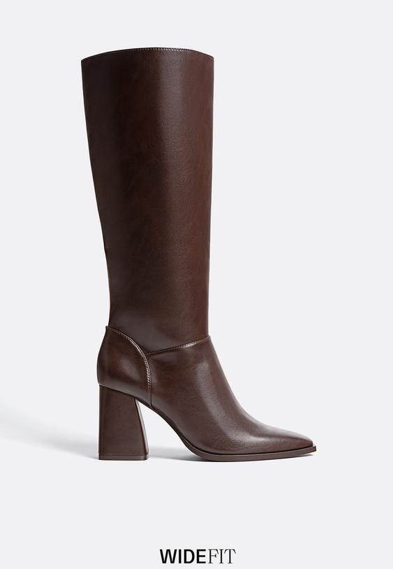 VERISSON Platform boots block heel long shaft knee high heels boots square toes, black polyurethane VERISSON Platform boots block heel long shaft knee high heels boots square toes, black polyurethane