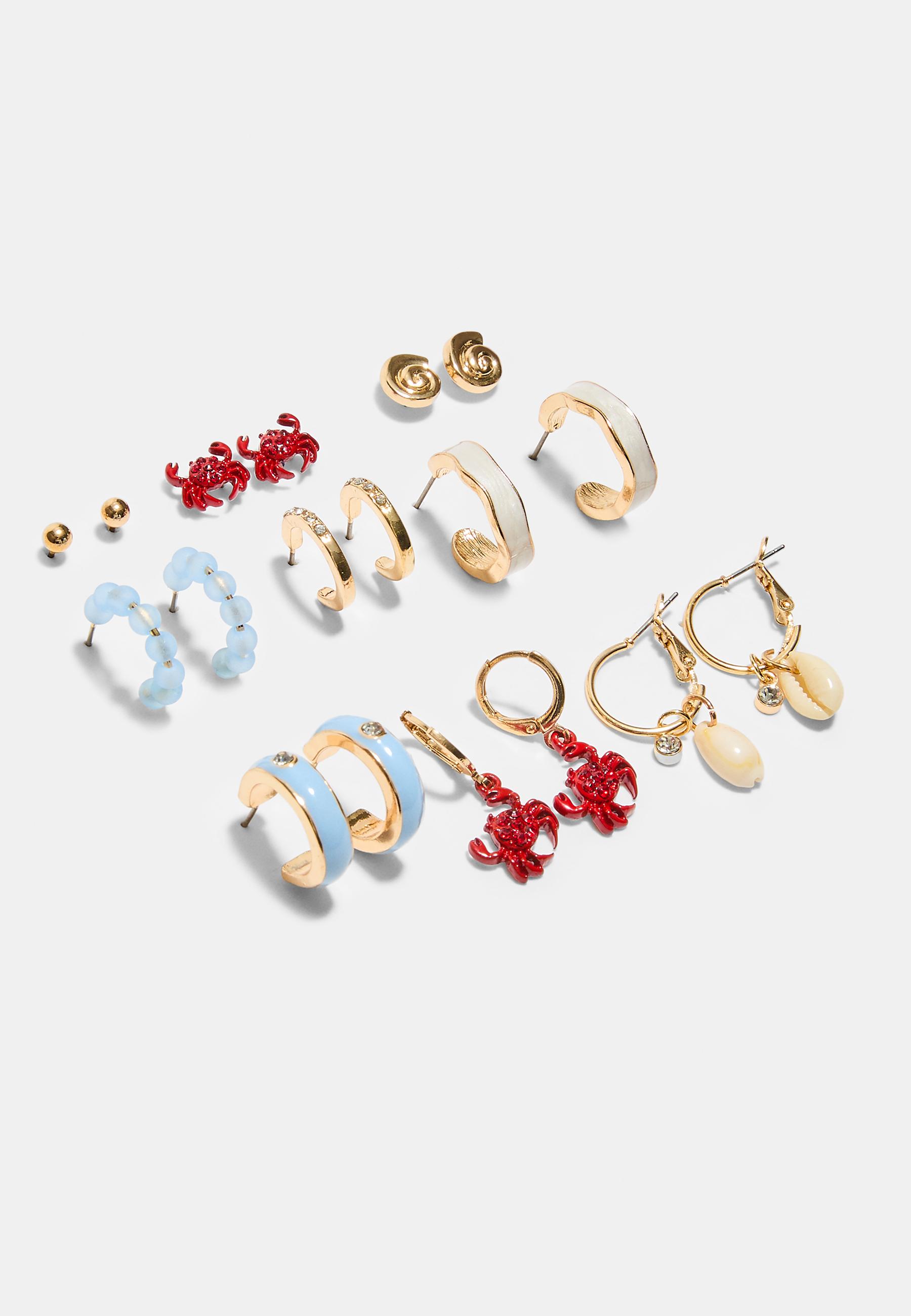 Set of 9 rhinestone crab earrings — Red