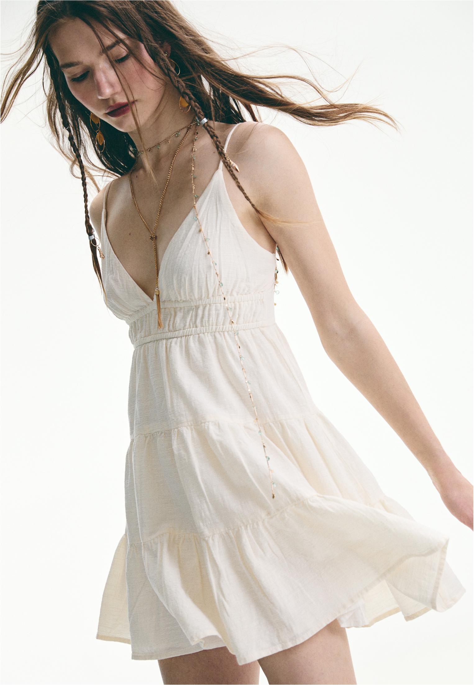 Mini flowing dress with back tie — Ecru