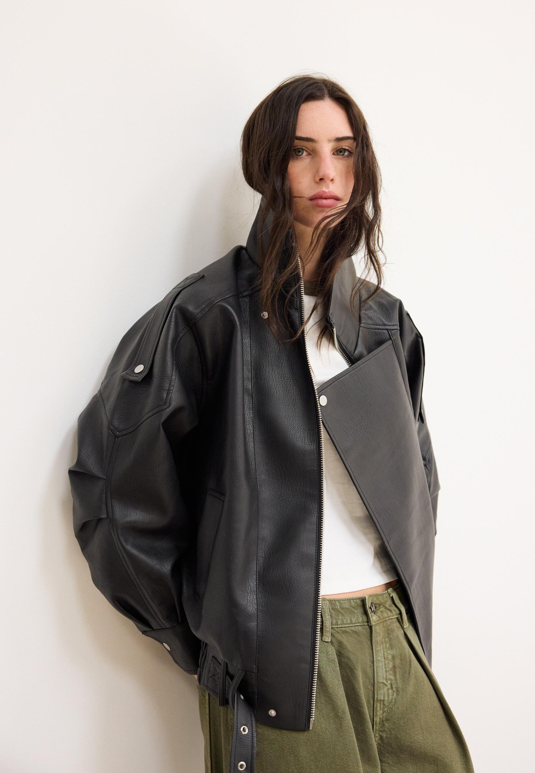 Oversize leather effect lapel jacket — Black