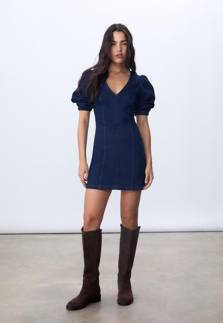 vestido corto denim manga abullonada