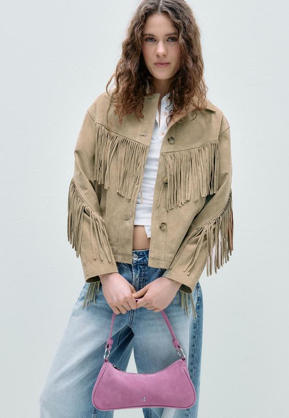 Stradivarius Fringed 100% Leather Jacket Stone M