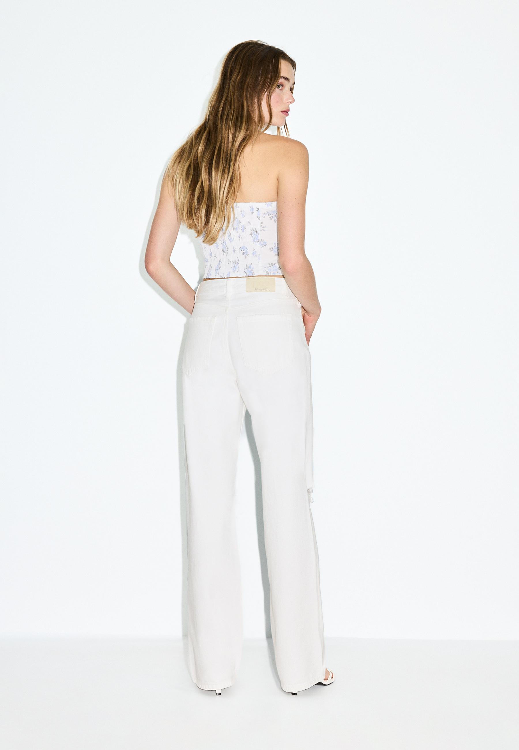 D92 ripped straight wide-leg jeans — Ecru