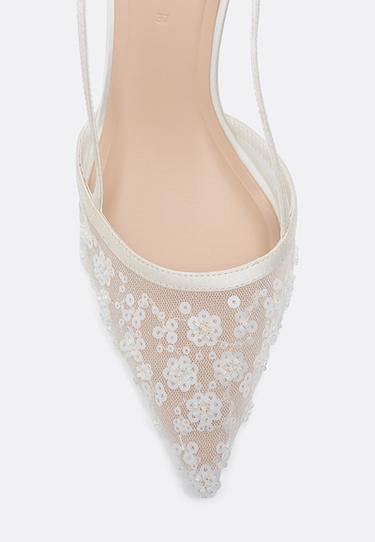Rhinestone mesh kitten heel shoes — BEIGE 4