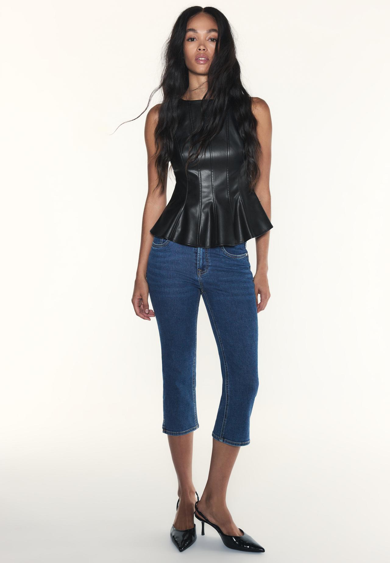 Leather effect peplum sleeveless top — Black