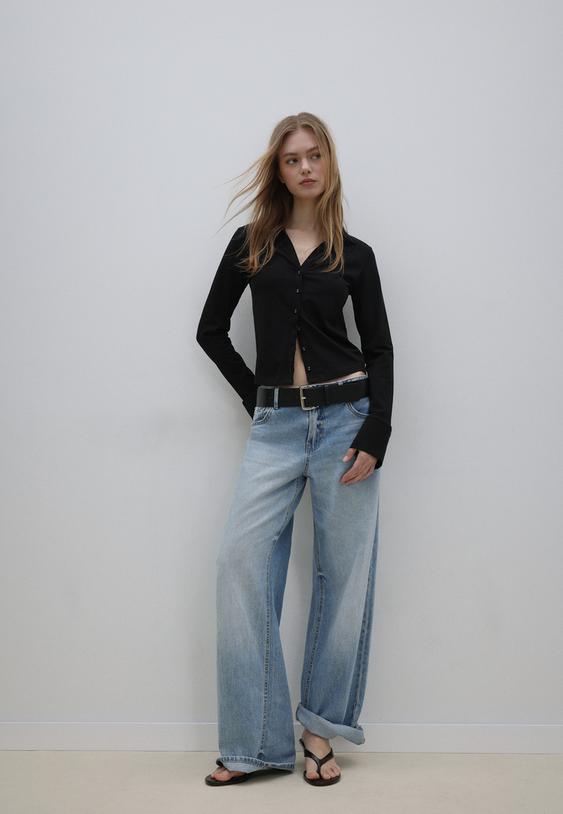 Stradivarius Knit Shirt With Buttons Black S