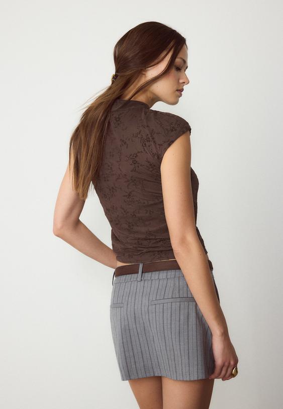 Stradivarius Flocked Qipao Style T-Shirt Brown Xl