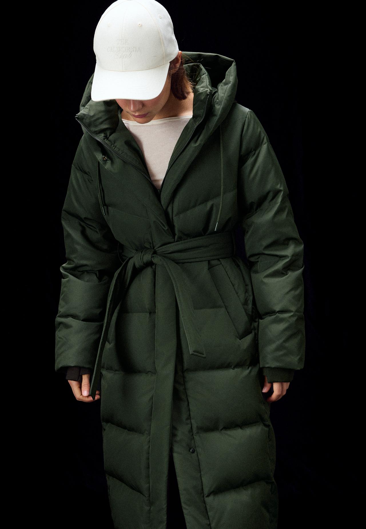 Long belted quilted puffer coat — Khaki