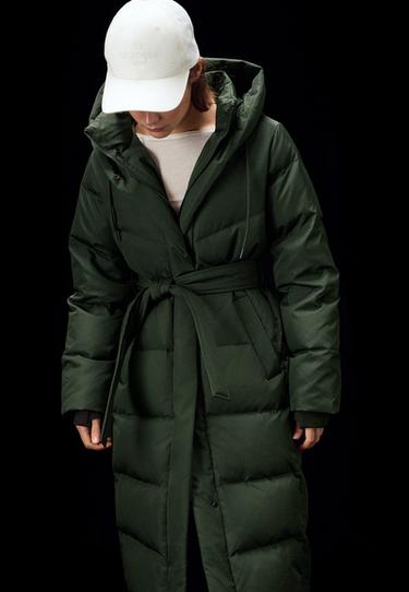 Long belted quilted puffer coat — Khaki 1