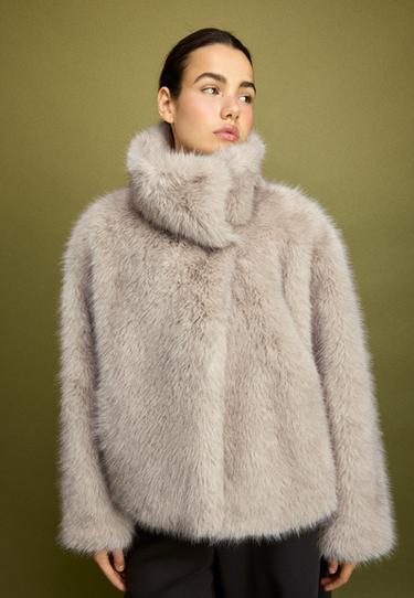 Basic high neck faux fur jacket — Stone 3