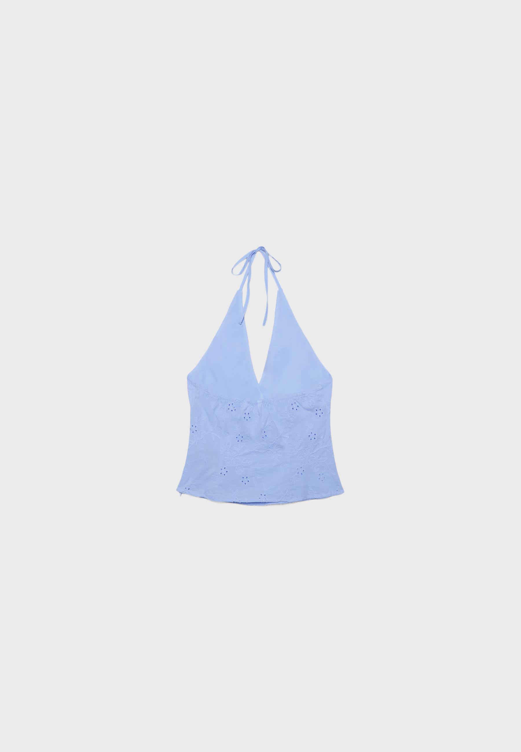 Embroidered halter top — Blue