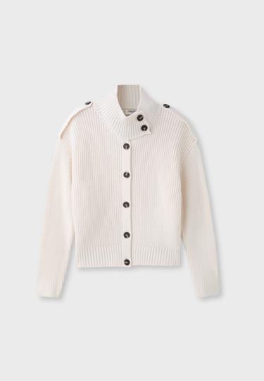High neck button-up knit cardigan — Vanilla 6