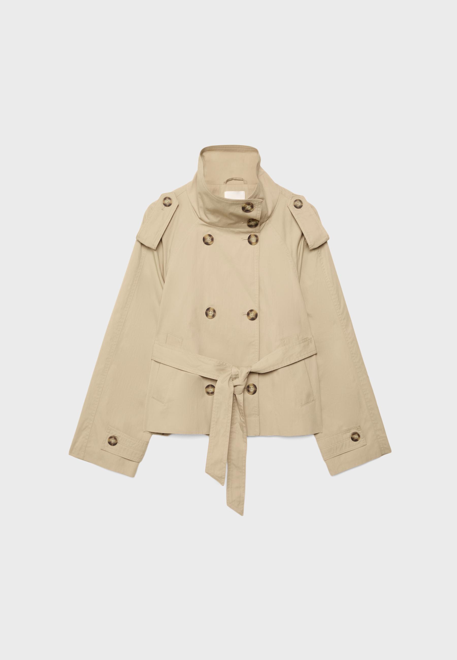 High-neck trench coat with belt — Beige