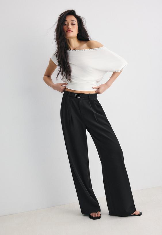 Stradivarius Pantalon Large Détail Boucle Noir 38