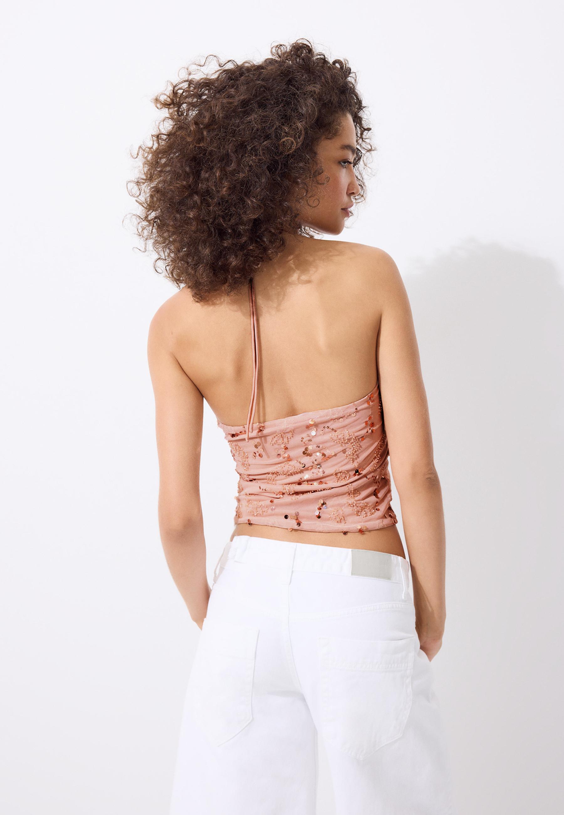 Embroidered sequin halter top — Salmon pink