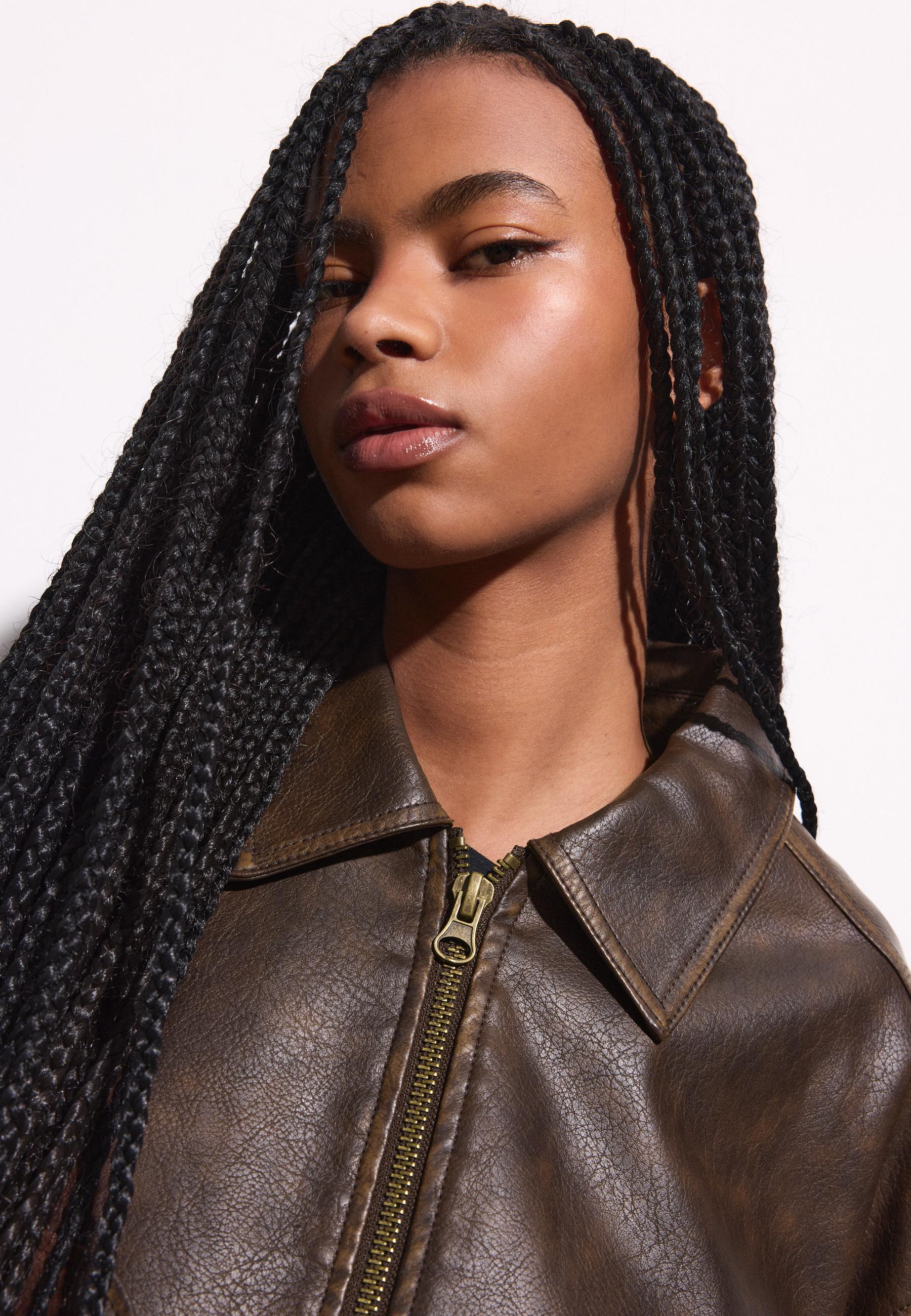 Leather effect jacket with pockets — Brown