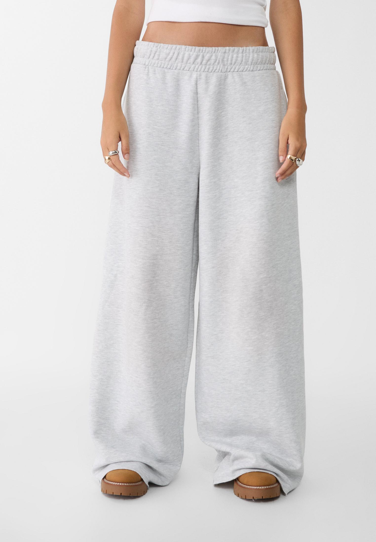 Wide-leg plush trousers with trim detail — Grey melange