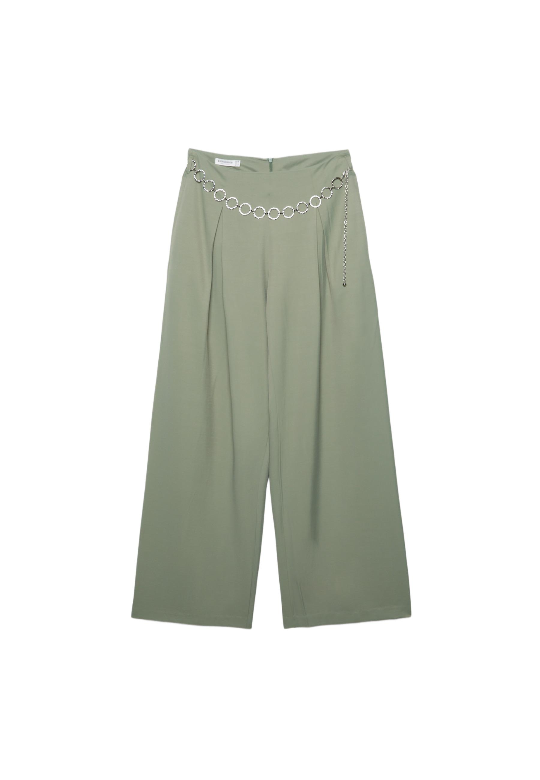 Satin darted trousers with chain belt — Khaki