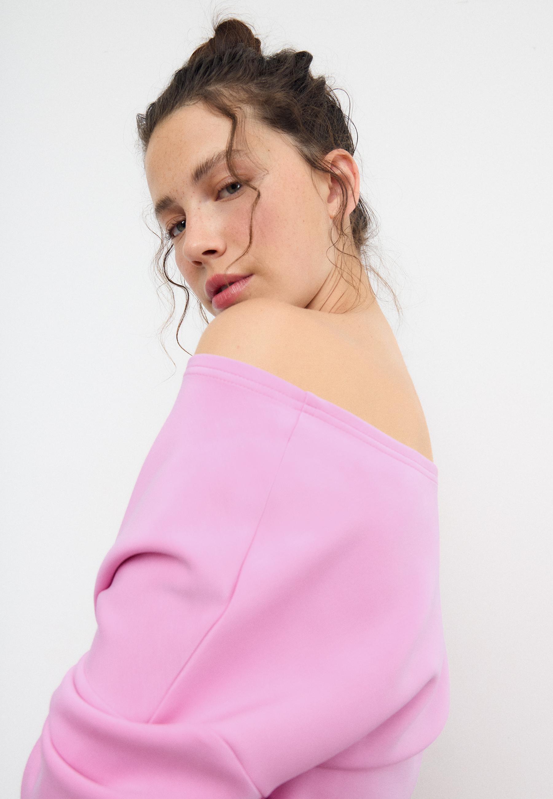 Soft-touch off-the-shoulder sweatshirt — Bubblegum pink
