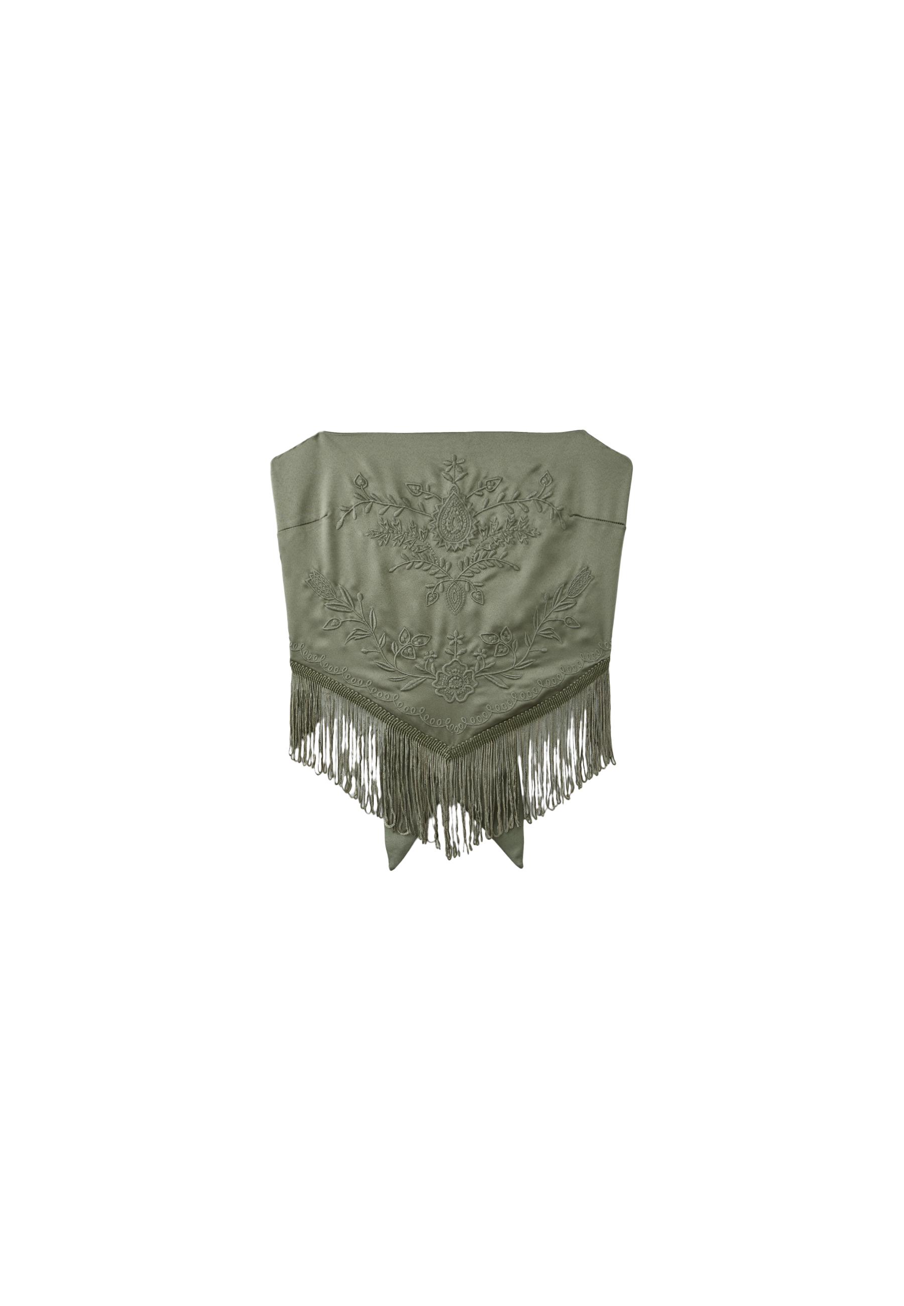 Embroidered fringe bustier top — Khaki
