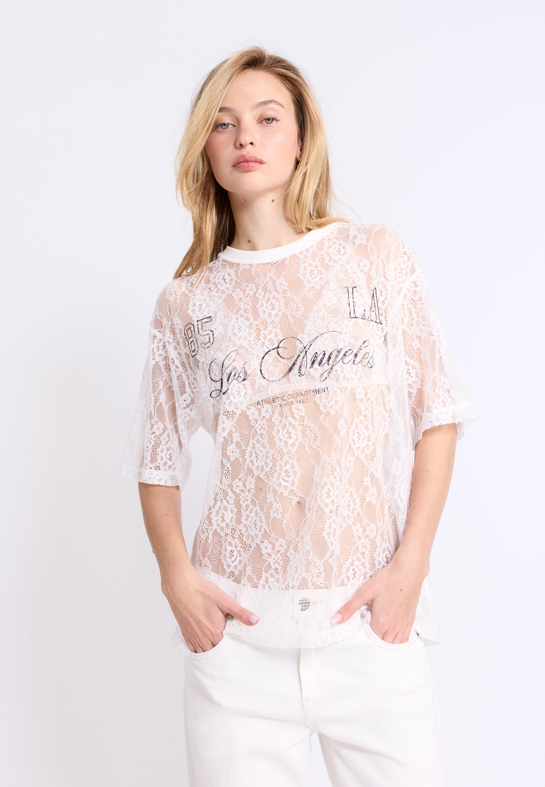 Oversize lace T-shirt with graphic detail — Ecru