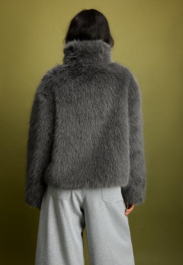 Basic high neck faux fur jacket — Dark grey 6