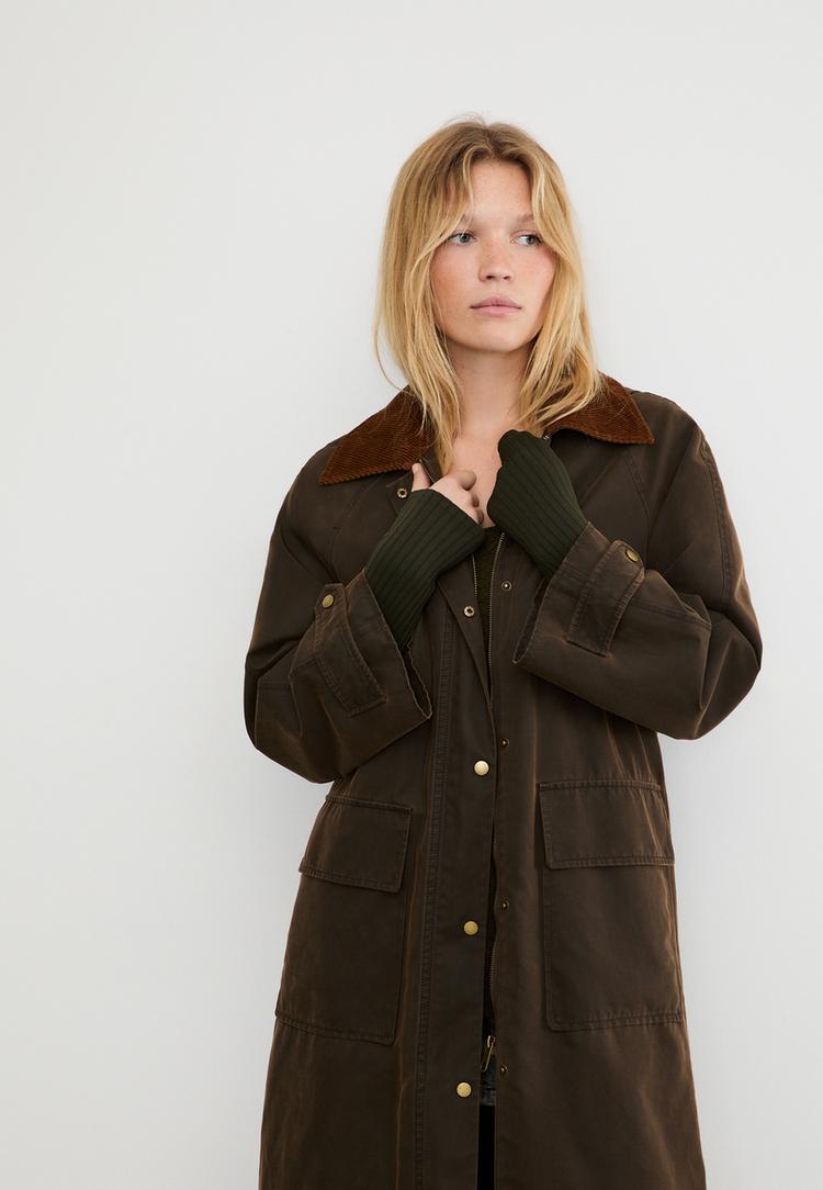 lange gewaxte parka met afneembare capuchon