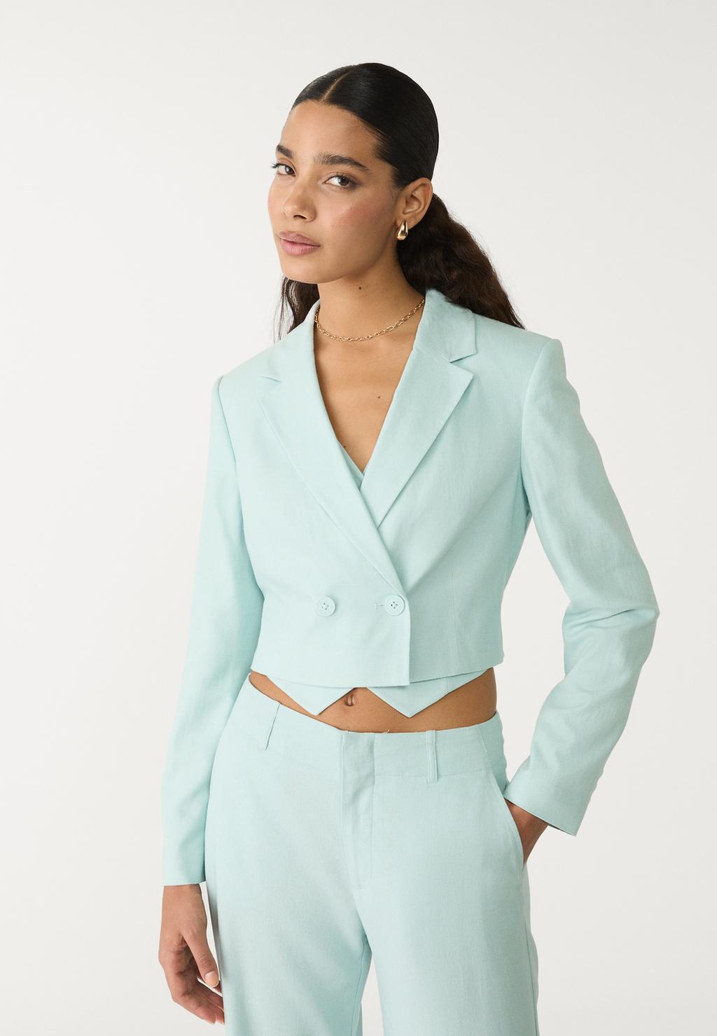 Linen blend cropped blazer with tied back