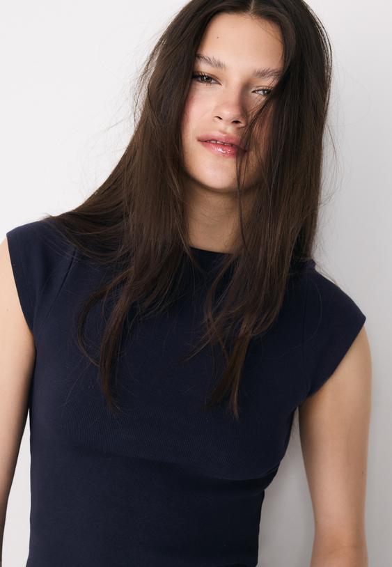 Stradivarius Basic Boat Neck T-Shirt Dark Blue Xl