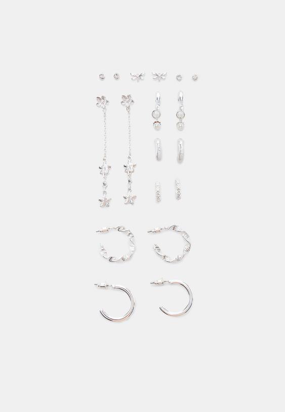 Stradivarius Set Of 9 Butterfly Earrings Grey Os