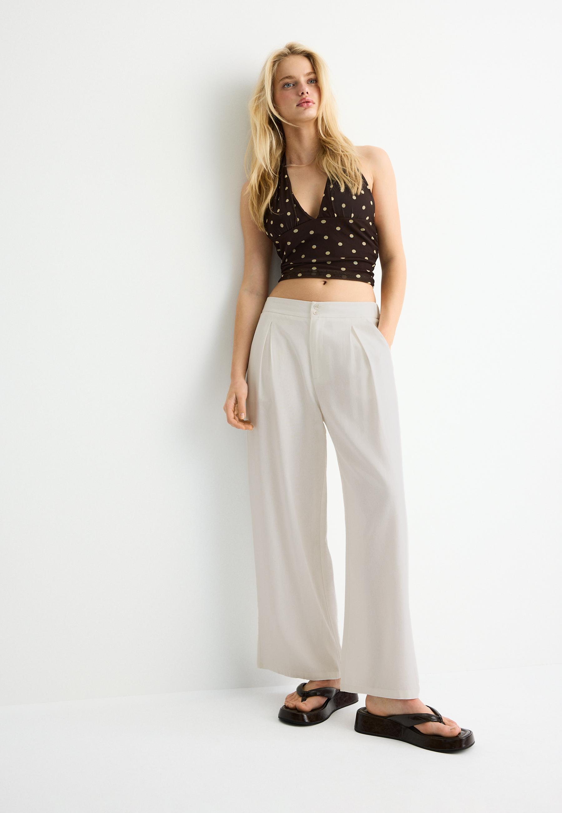 Keten görünümlü culotte pantolon