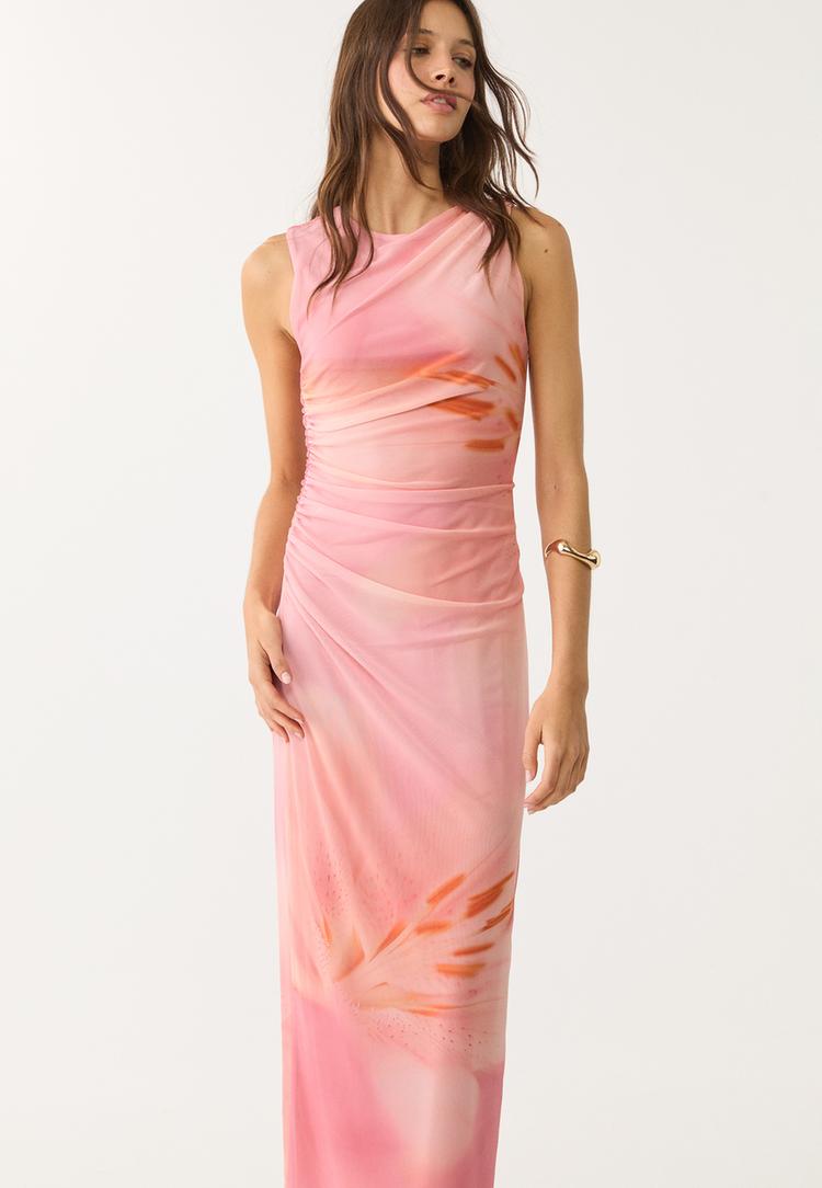 vestido midi estampado tul