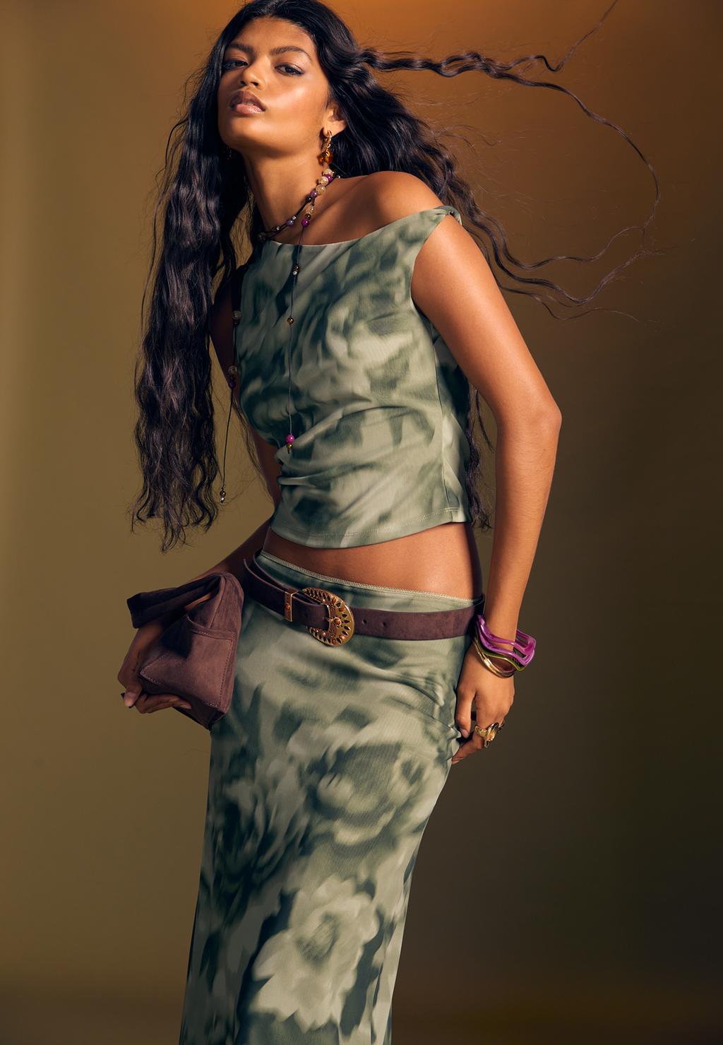 Printed asymmetric tulle T-shirt