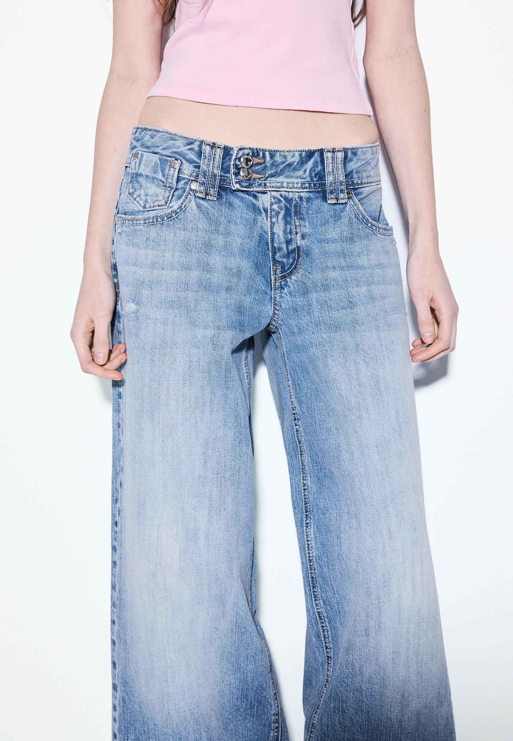 Low-rise wide-leg jeans with jewel button — MEDIUM LIGHT BLUE DENIM