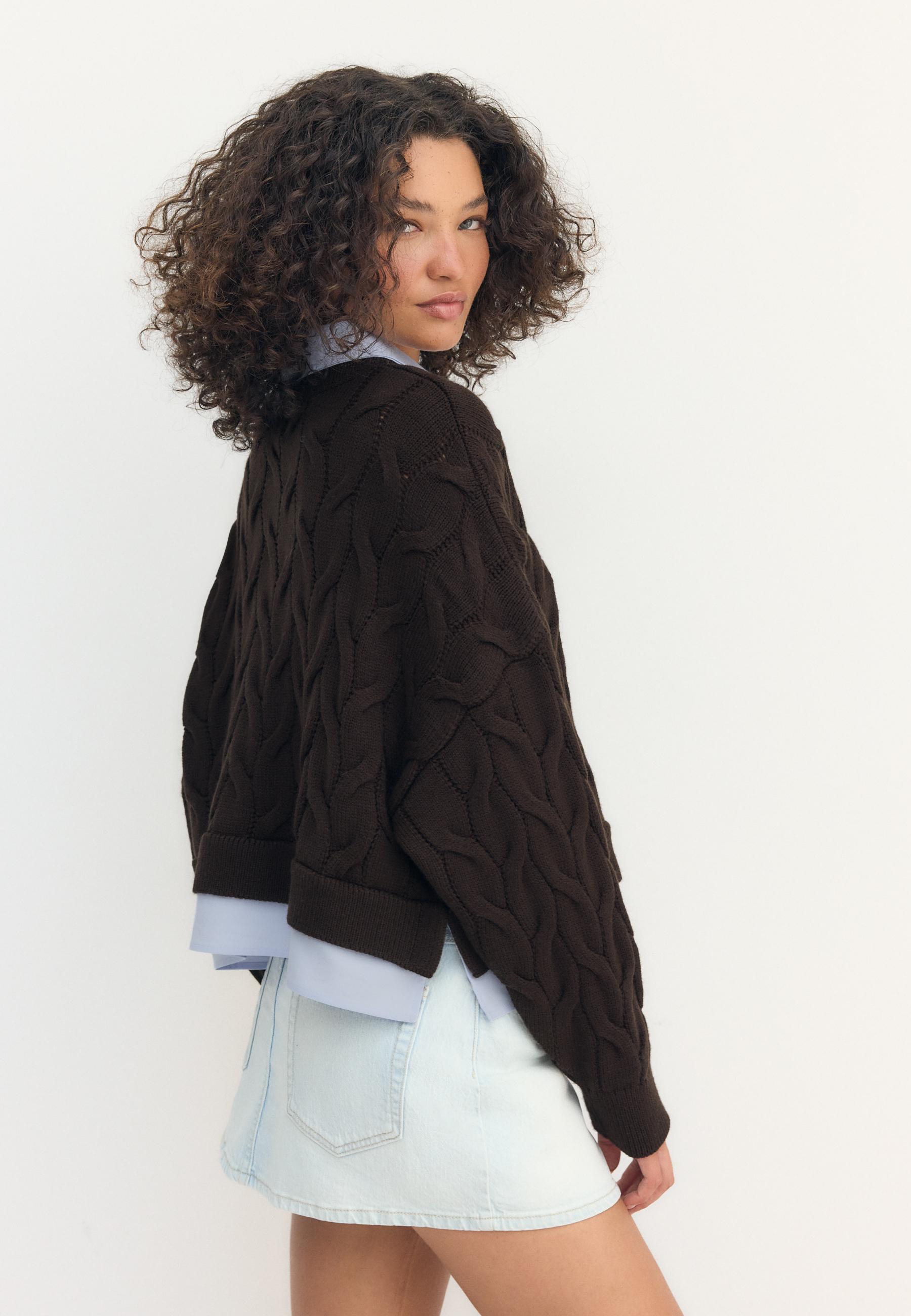 Two-fabric knit sweater with detachable collar — Brown