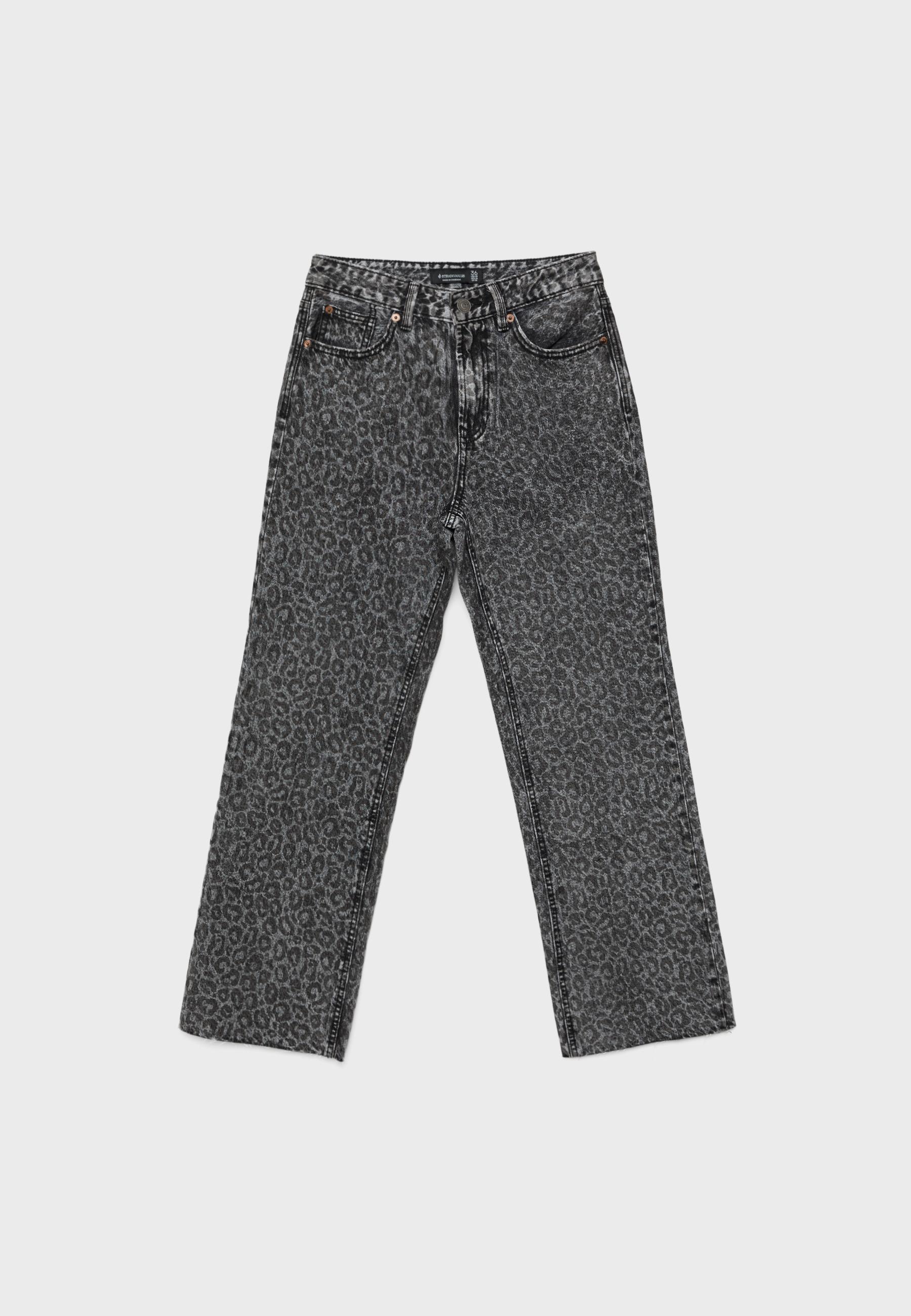 Straight wide-leg leopard print jeans — BLACK DENIM WASHED EFFECT