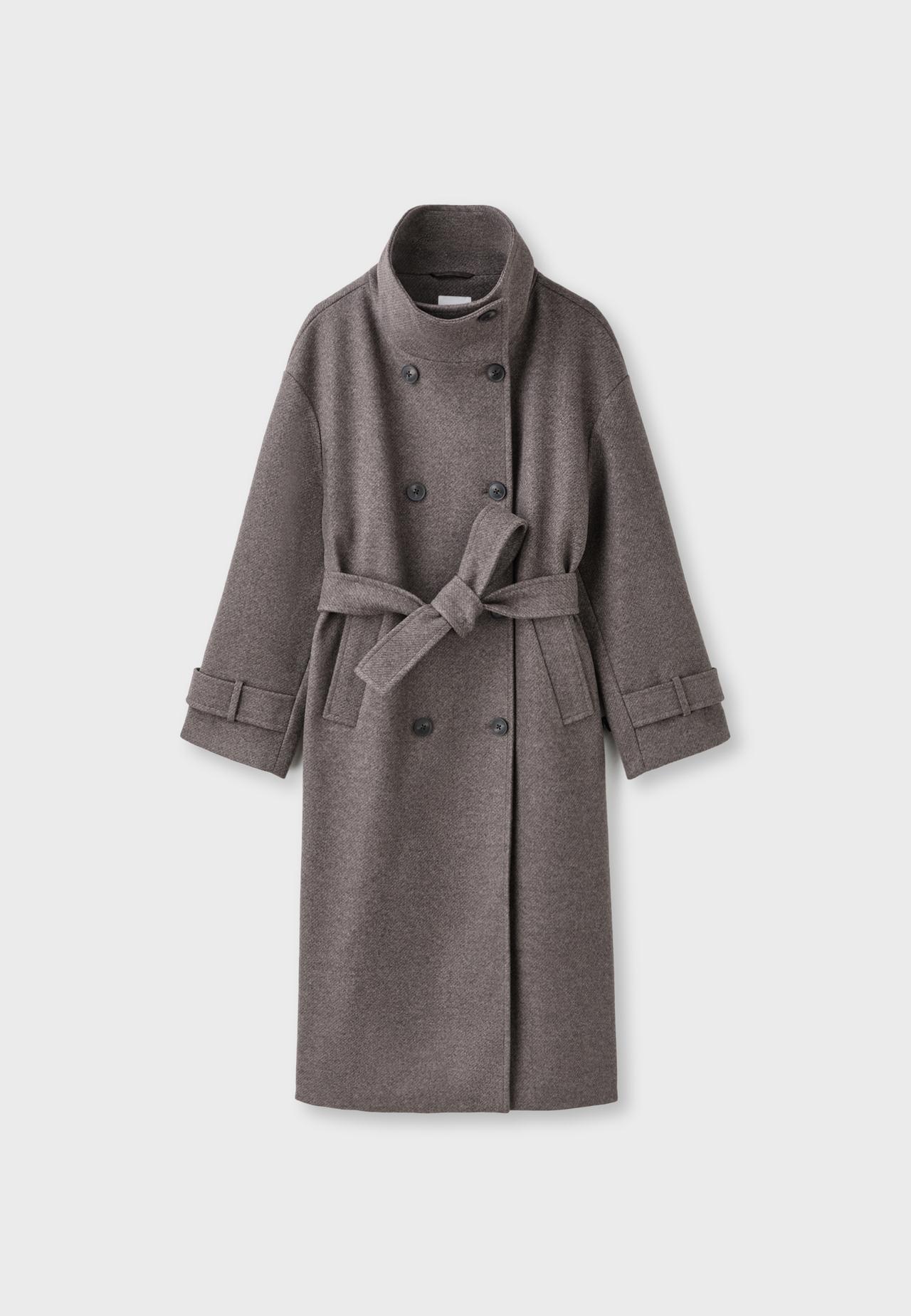 Soft-touch high neck long coat — Brown