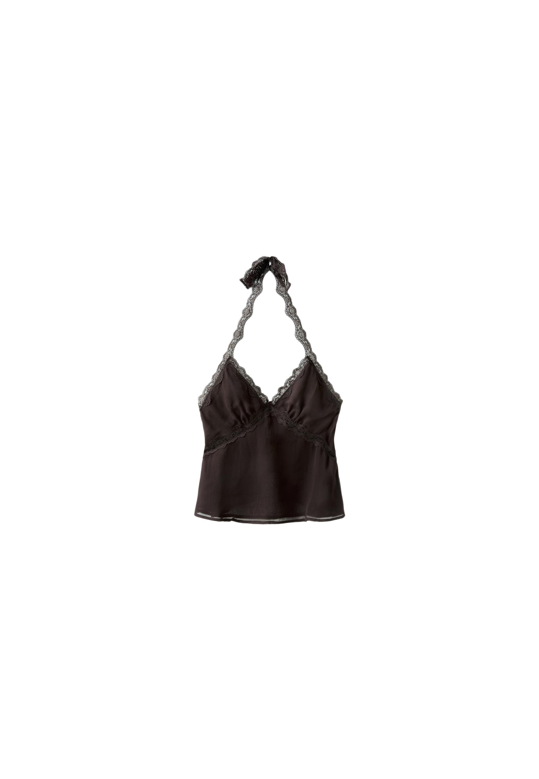 Halter neck top with lace trim — Brown