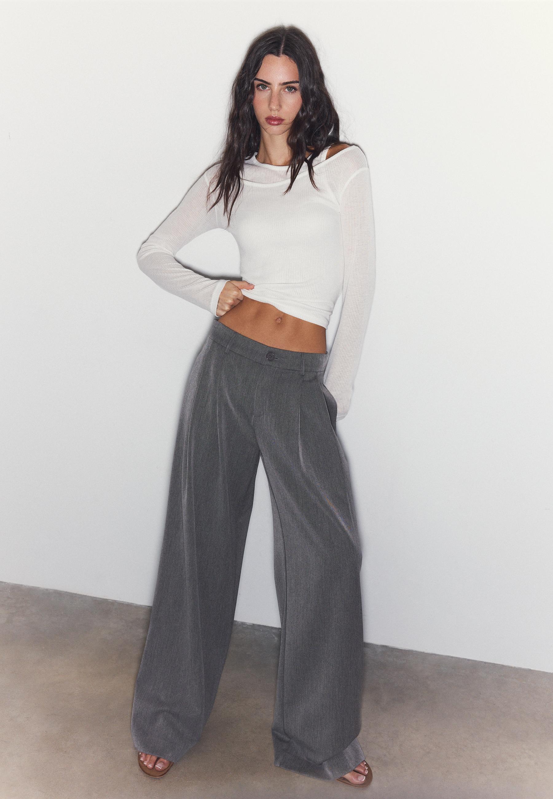 Wide-leg tailored trousers with darts — Dark grey