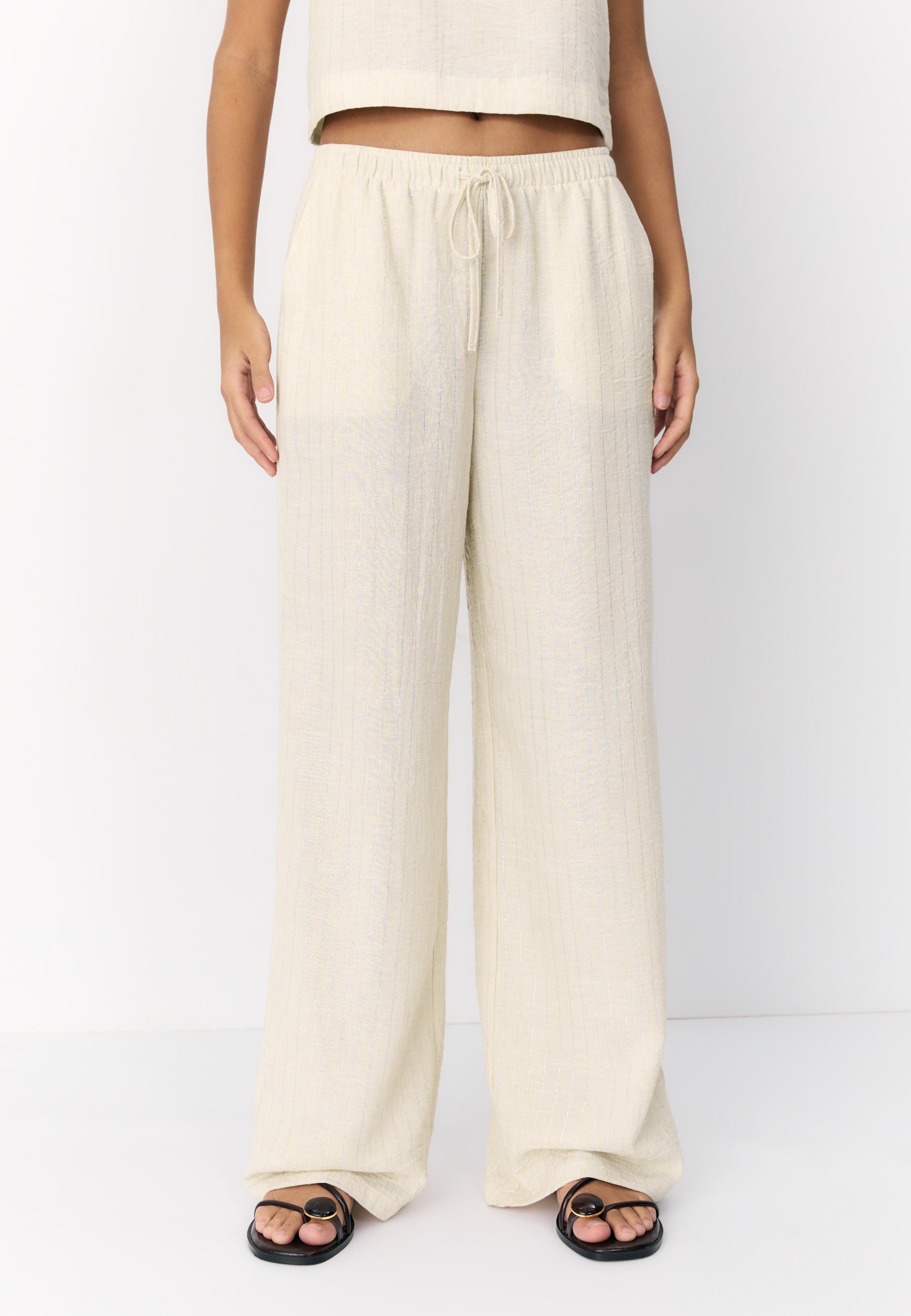 Flowing metallic thread linen-effect trousers — Stone